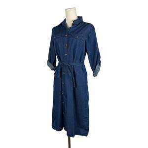 MPH Collection Denim Shirt Dress, Dark Wash Midi with Waist Tie, Size M